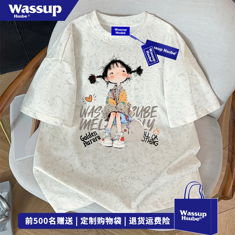 WASSUP HSUBE日系卡通小女孩印花短袖T恤男夏季新款扎染半袖上衣