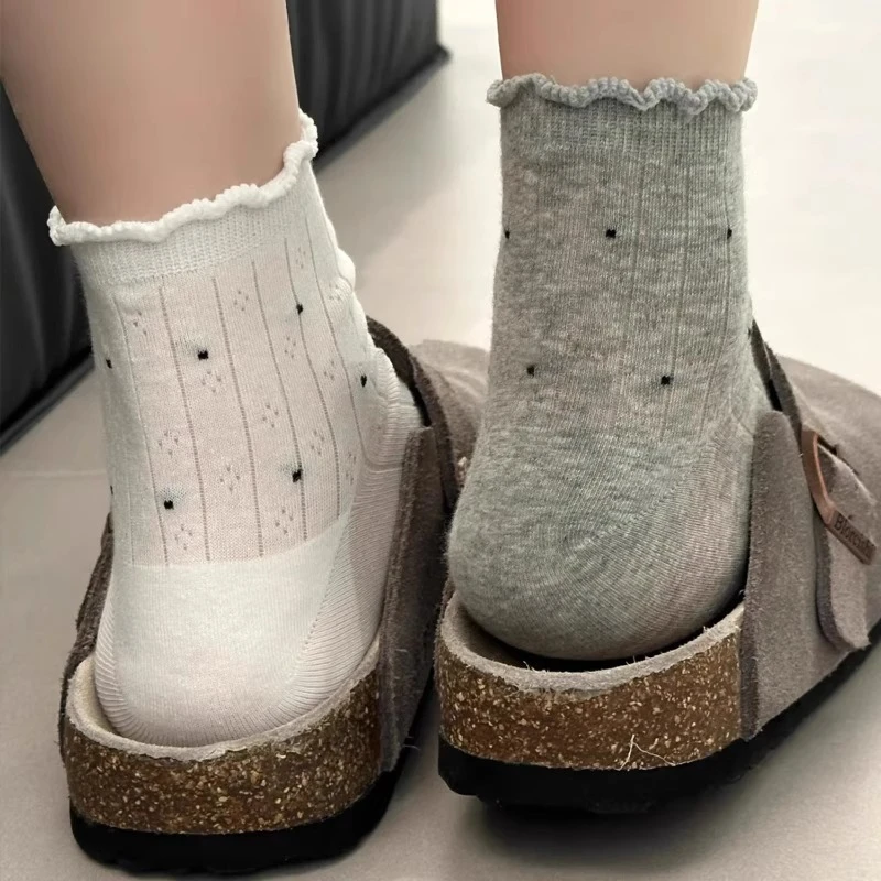 袜子女夏季薄款中筒袜配勃肯鞋波点袜子夏天透气网眼袜ins韩版潮