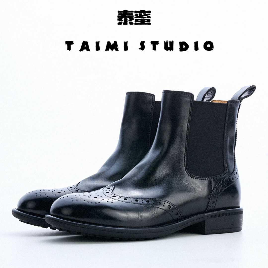 秋冬新款纯手工雕花黑色真皮切尔西马丁靴低跟中筒靴子英伦风