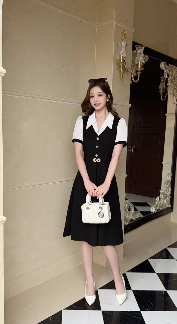 气质撞色法式收腰修身假两件连衣裙小众设计夏季裙子