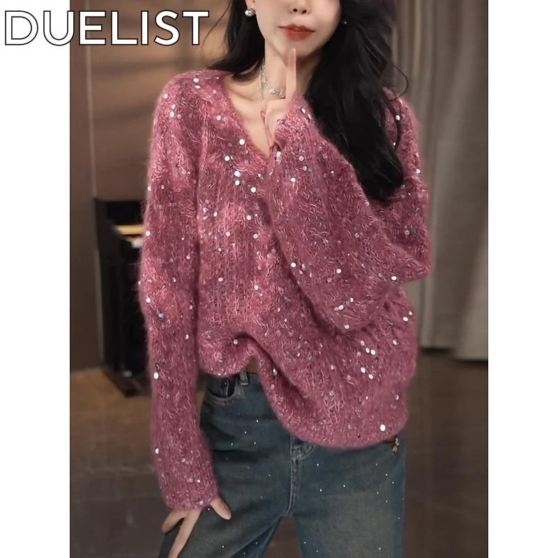 DUELIST慵懒高级感领毛衣女宽松加厚重工亮片打底针织衫上衣潮流