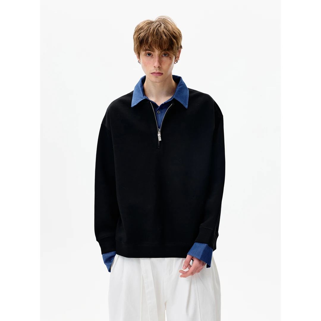 MaxDstr [衬衫式内襟]500g双面色重磅假两件半拉链卫衣男秋冬长袖