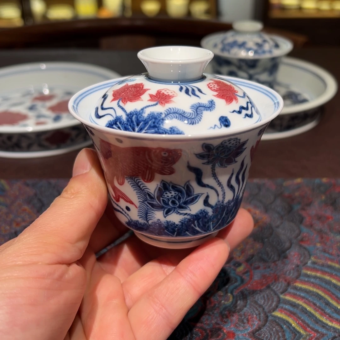 陶精品青花釉里红鱼藻纹二才盖碗约120毫升