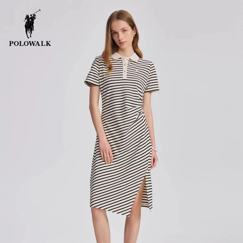 POLOWALK女士连衣裙2025夏季新款复古风条纹收腰显瘦百搭连衣裙女