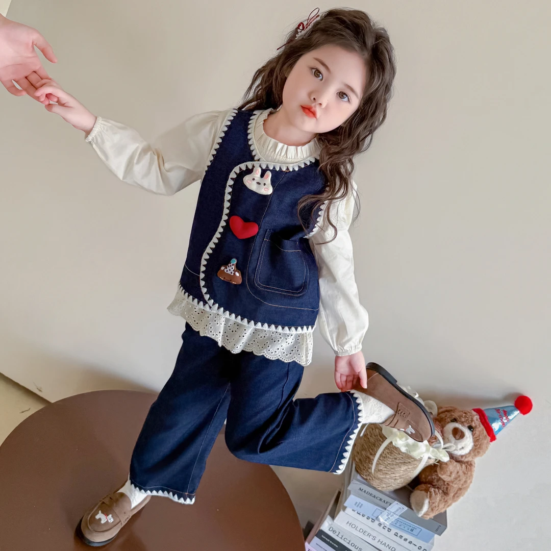 女童套装儿童洋气玩偶牛仔马甲阔腿裤三件套小女孩宝宝秋装2025新
