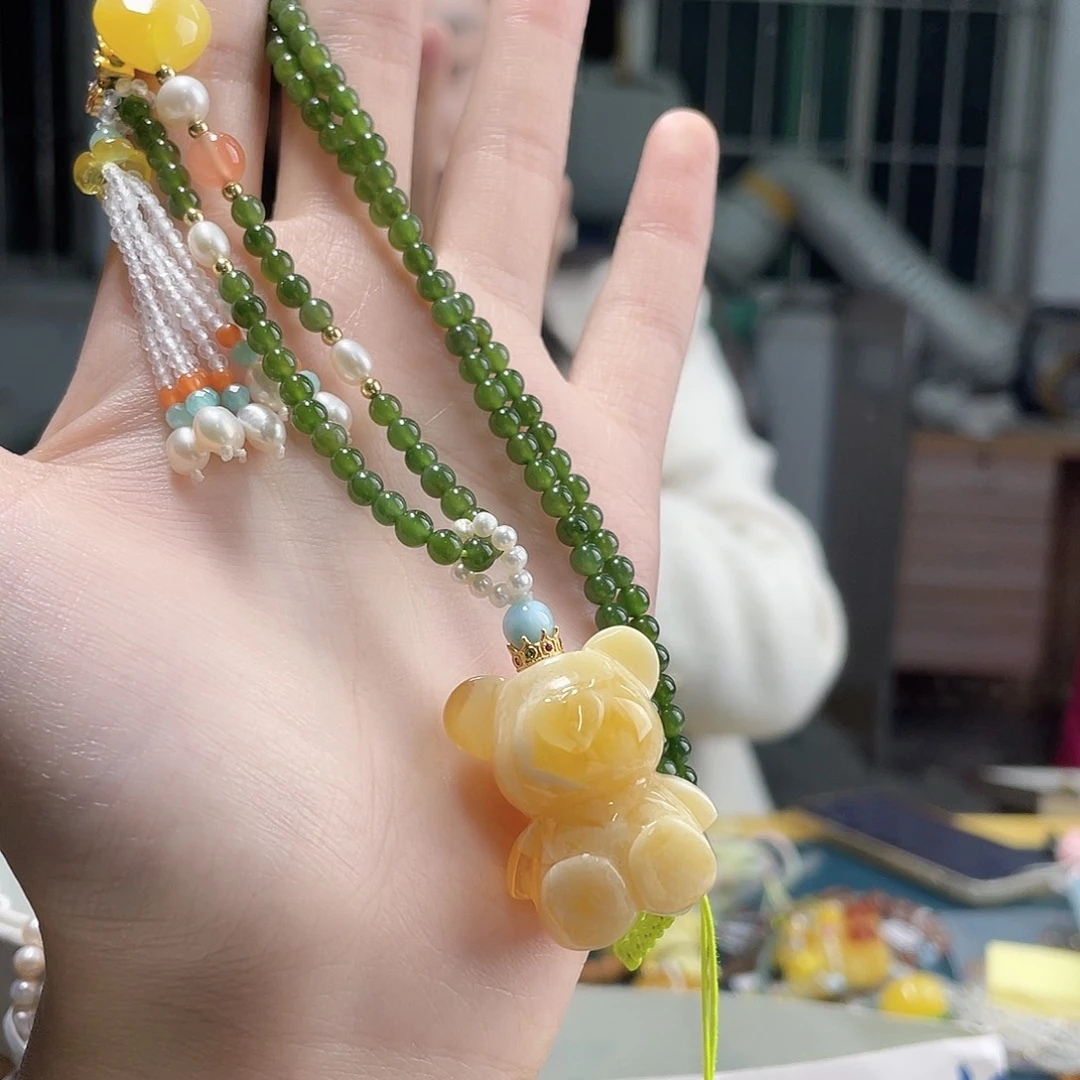 蜜蜡银S925镶嵌裸石小熊吊坠