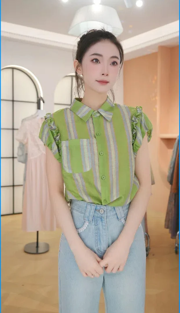 F2901设计感小众条纹短袖衬衫女夏新款时尚洋气减龄显瘦百搭上衣