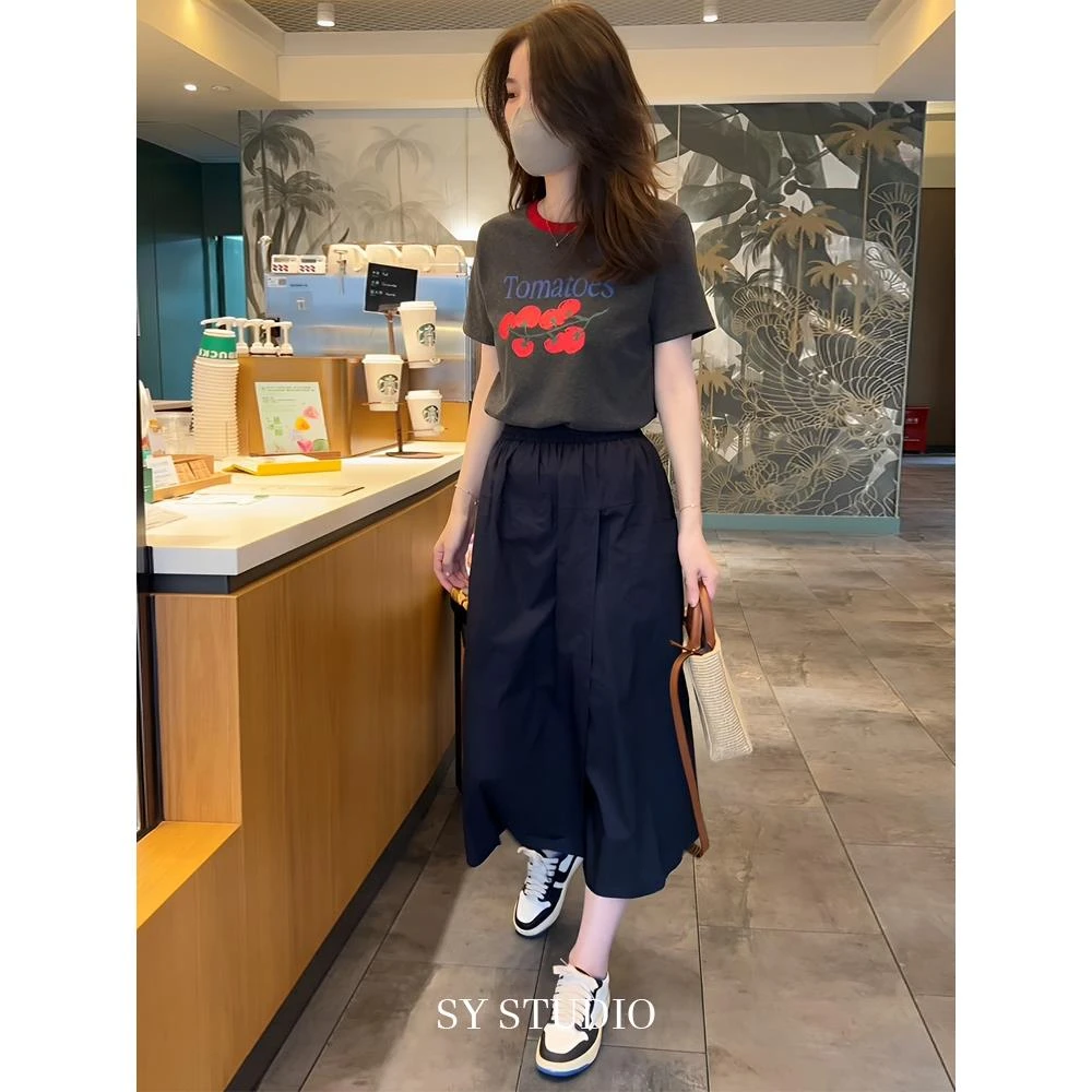 夏天搭配一整套时尚印花短袖T恤中长款开叉a字休闲裙裤减龄两件套