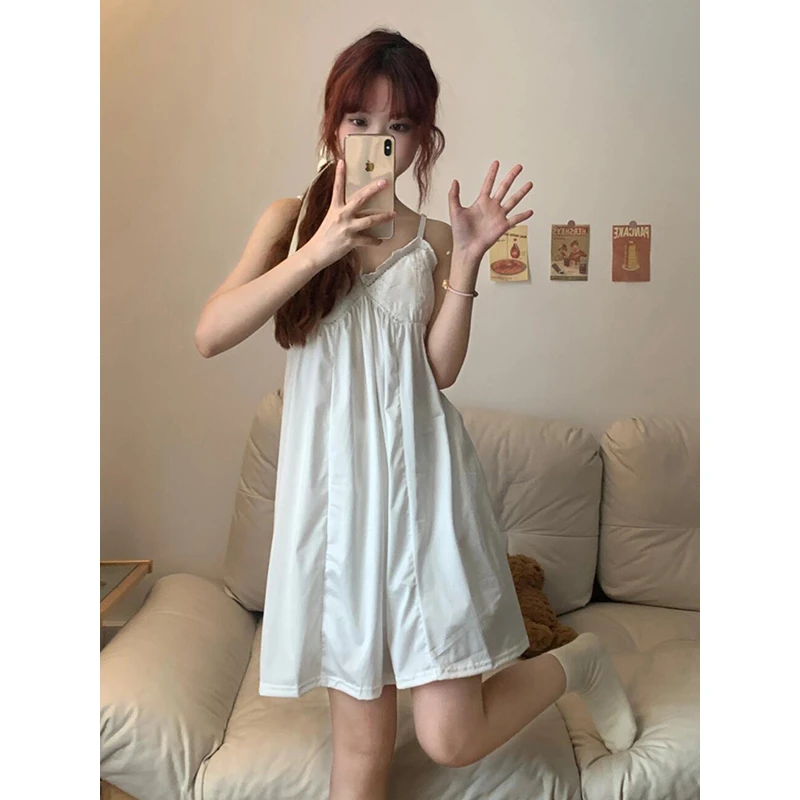 韩系甜美可爱简约纯色吊带睡袍女春夏季凉爽亲肤新款带胸垫连衣裙