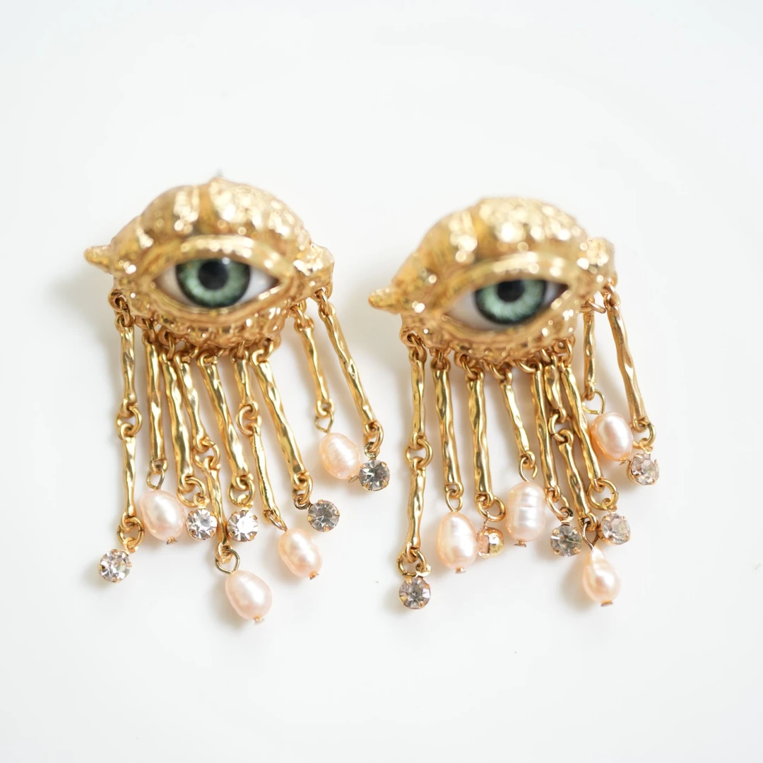 铜合金耳饰 1210西洋中古风vintage复古眼睛夸张流苏耳环耳夹戒指