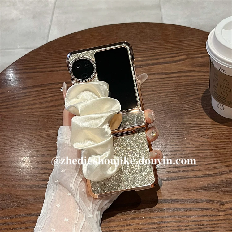 适用oppofindn3flip手机壳新款闪粉水钻丝巾腕带全包铰链保护