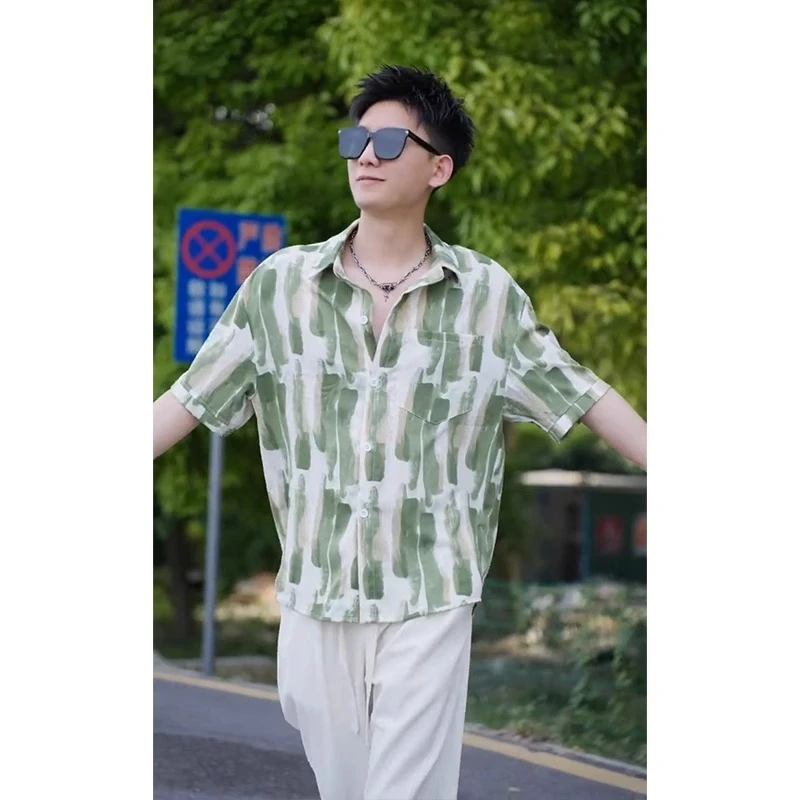 冰丝凉感不规则花衬衫男士夏季款潮牌痞帅短袖衬衣男装中袖上衣服