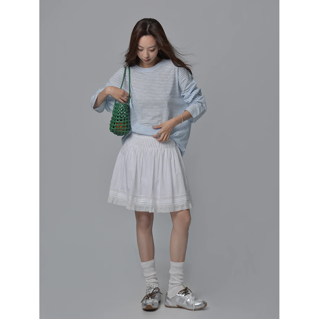 SIXI四喜家 Miu式美学 压褶白色蕾丝半身裙女夏宽松A字裙显瘦中裙