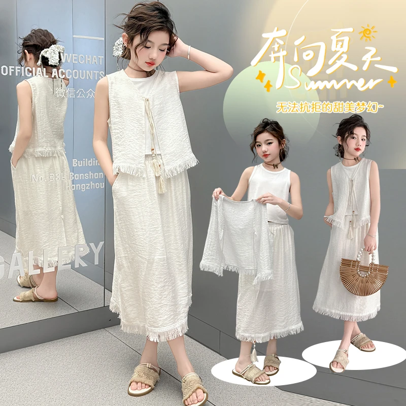 女童韩版洋气套装2025新款夏季中大童无袖花边流苏舒适三件套潮