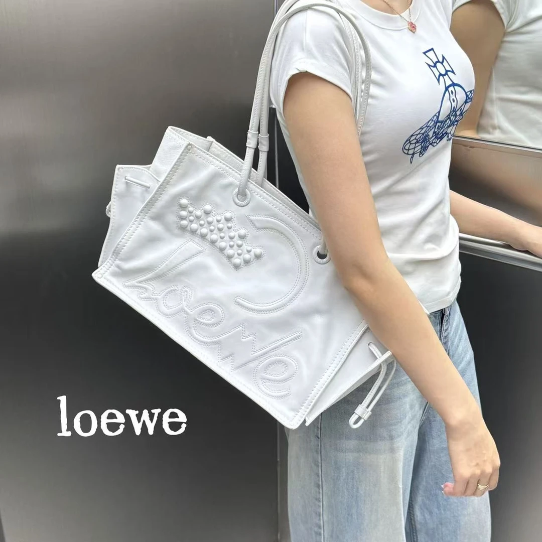 95新 LOEWE/罗意威 H218白色皇冠全皮单肩托特