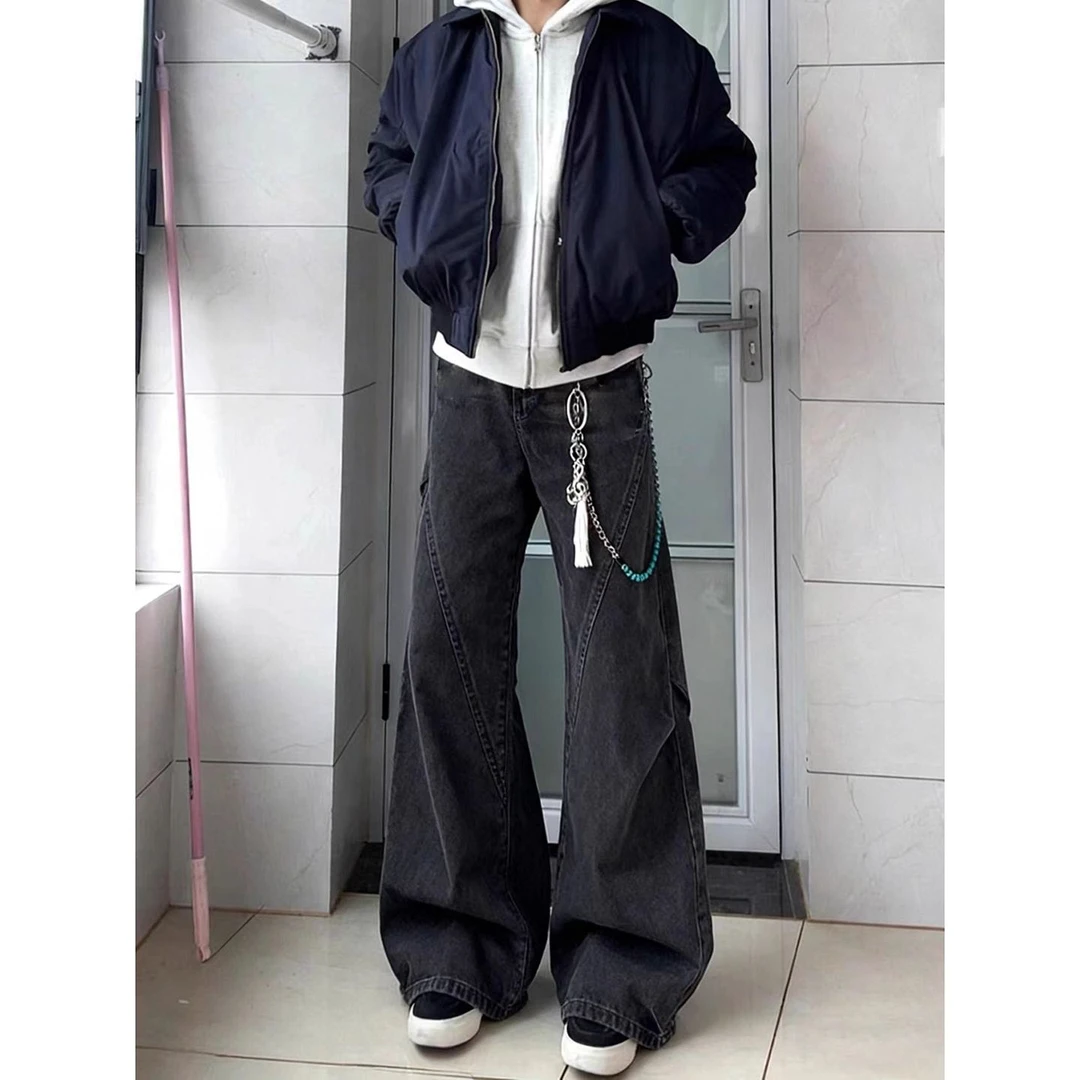 深灰色褶皱微喇牛仔裤男冬季美式高街加绒裤子cleanfit阔腿弯刀裤