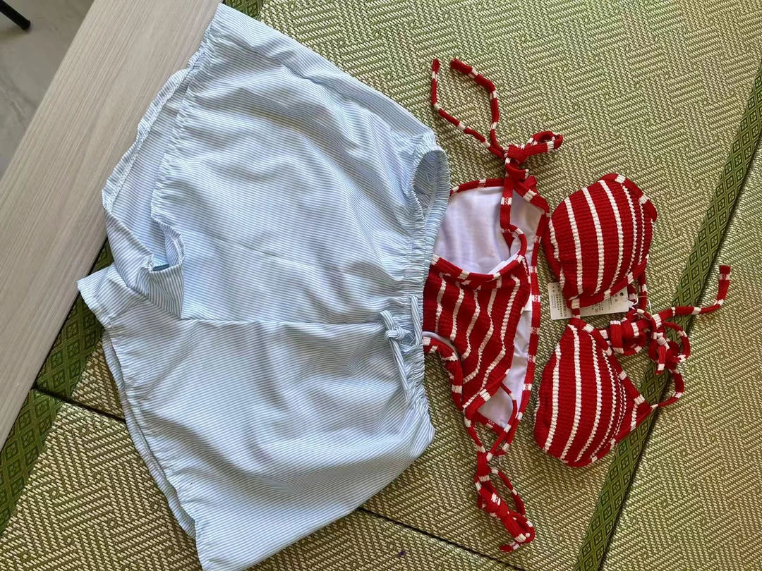 【直播专用】裸感薄分体性感工字条纹短裤沙滩比基尼泳衣