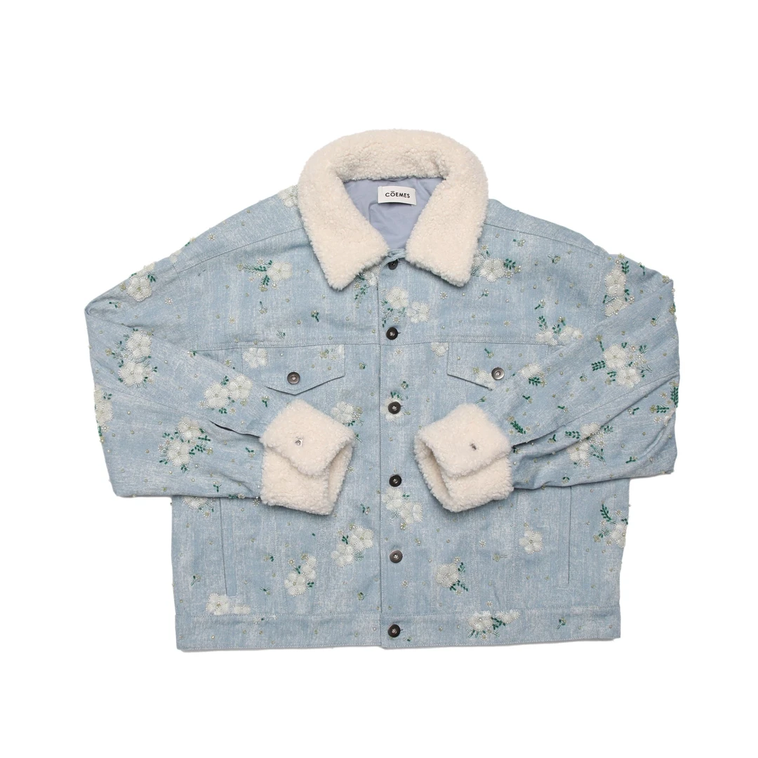 COEMES 设计师品牌2025新款毛领贴片花卉牛仔外套女衬衫