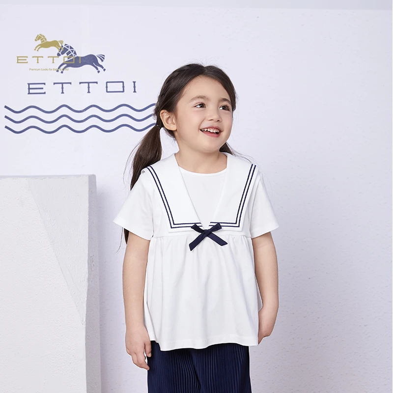 【朗姿集团】ETTOI爱多娃儿童T恤夏季全棉女童学院短袖蝴蝶结上衣