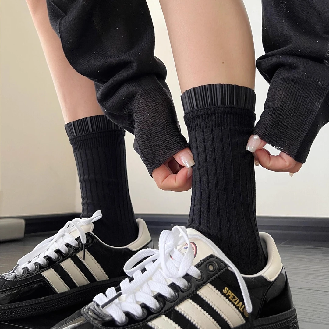 【4双】袜子女夏季薄款黑白双色立体褶皱个性潮流纯棉100%全棉防臭