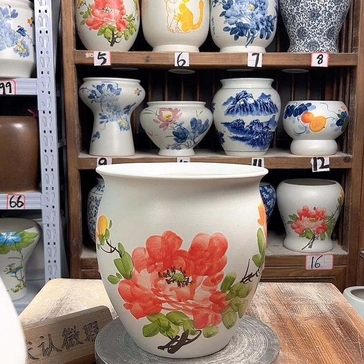 陶圆口红牡丹陶瓷