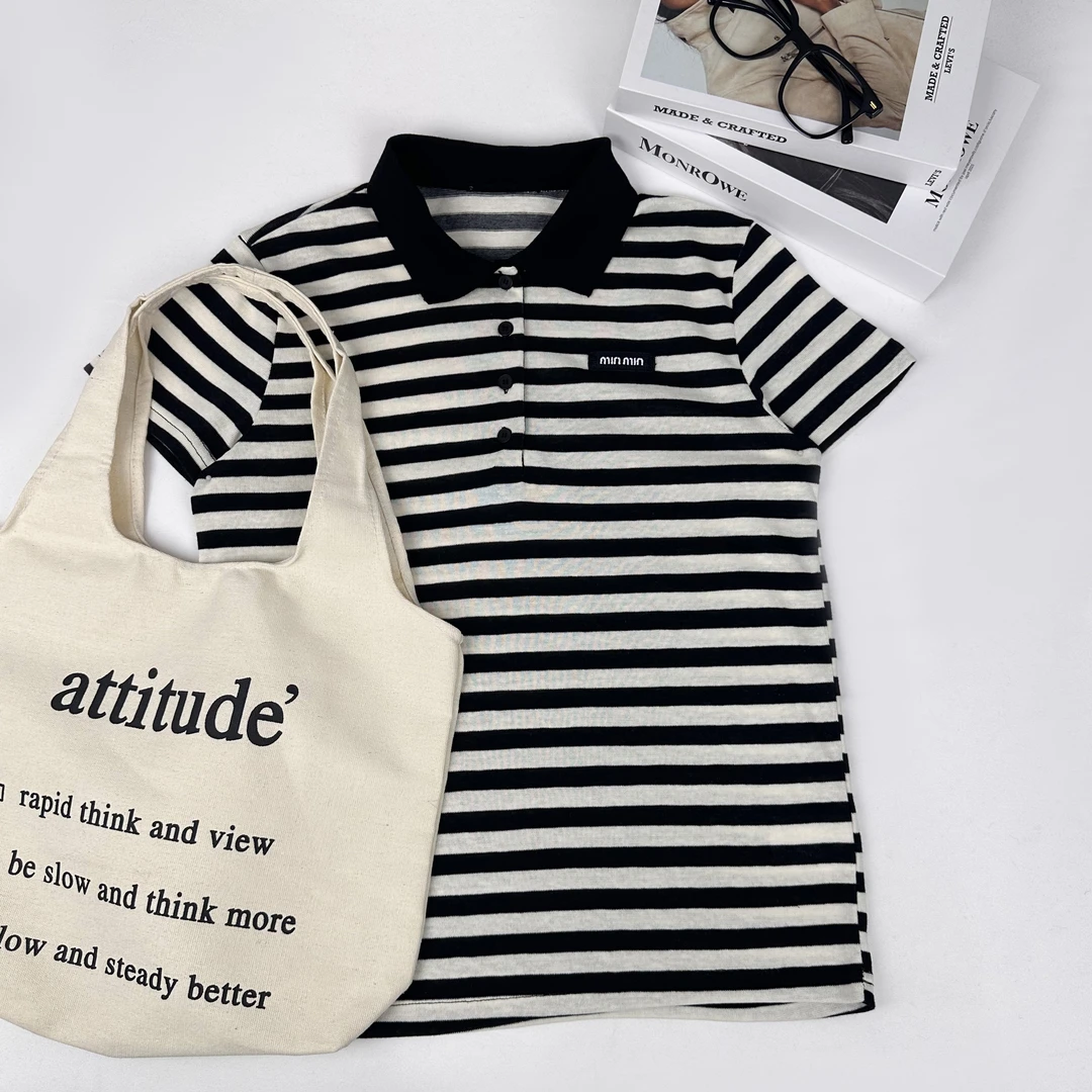 MU家POLO领经典条纹刺绣印花百搭休闲短袖T恤-ZMADT5193