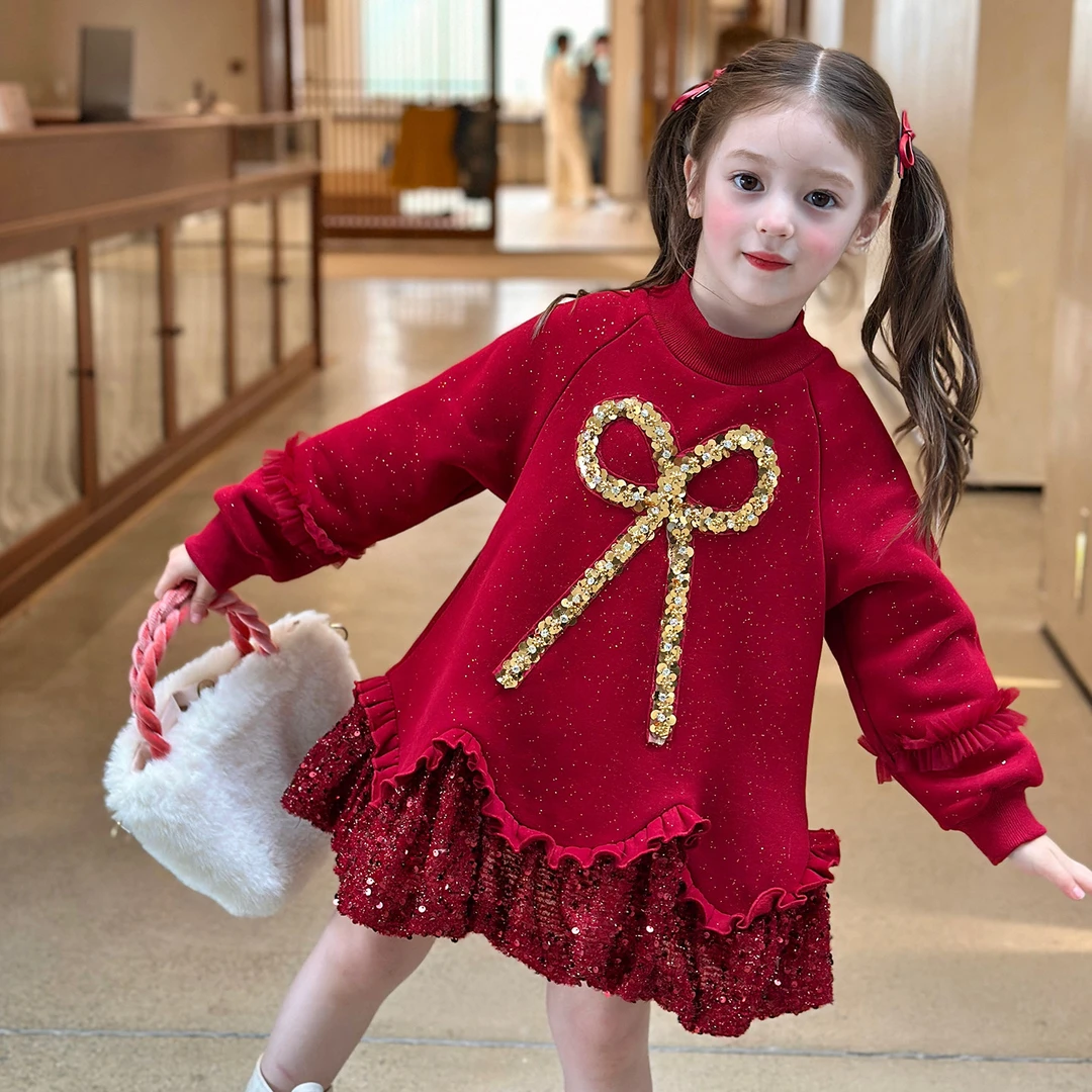 女童装亮片卫衣裙2025冬季新款儿童加绒拼接花苞连衣裙小女孩红色