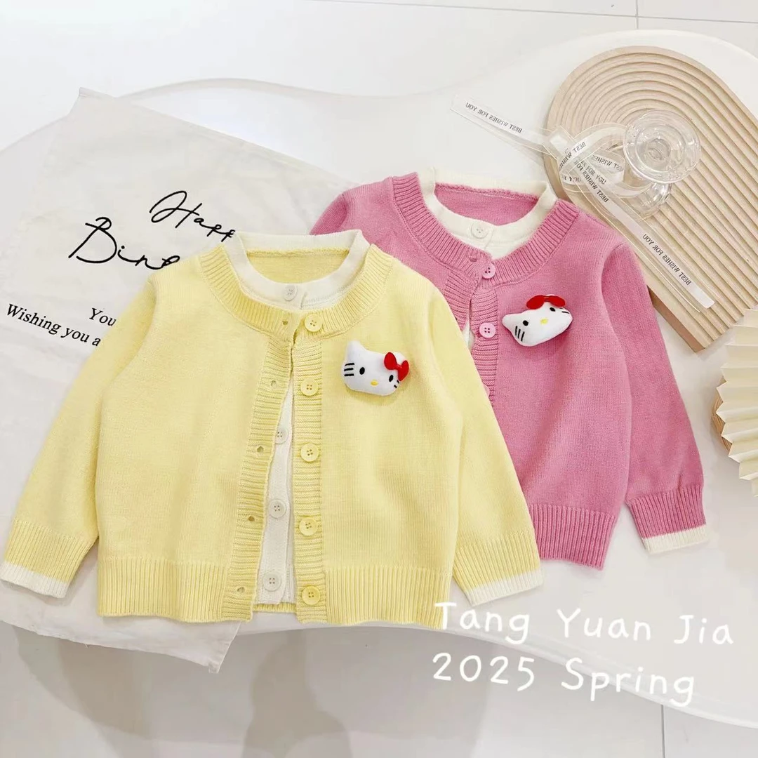 汤圆家童装2025春季新款韩系甜美假两件撞色糖果毛衣开衫 YA-1146