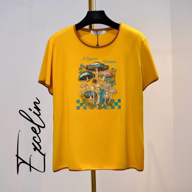 【明金蘑菇刺绣短袖圆领】夏季薄款显瘦减龄重工短袖T女士短袖上衣