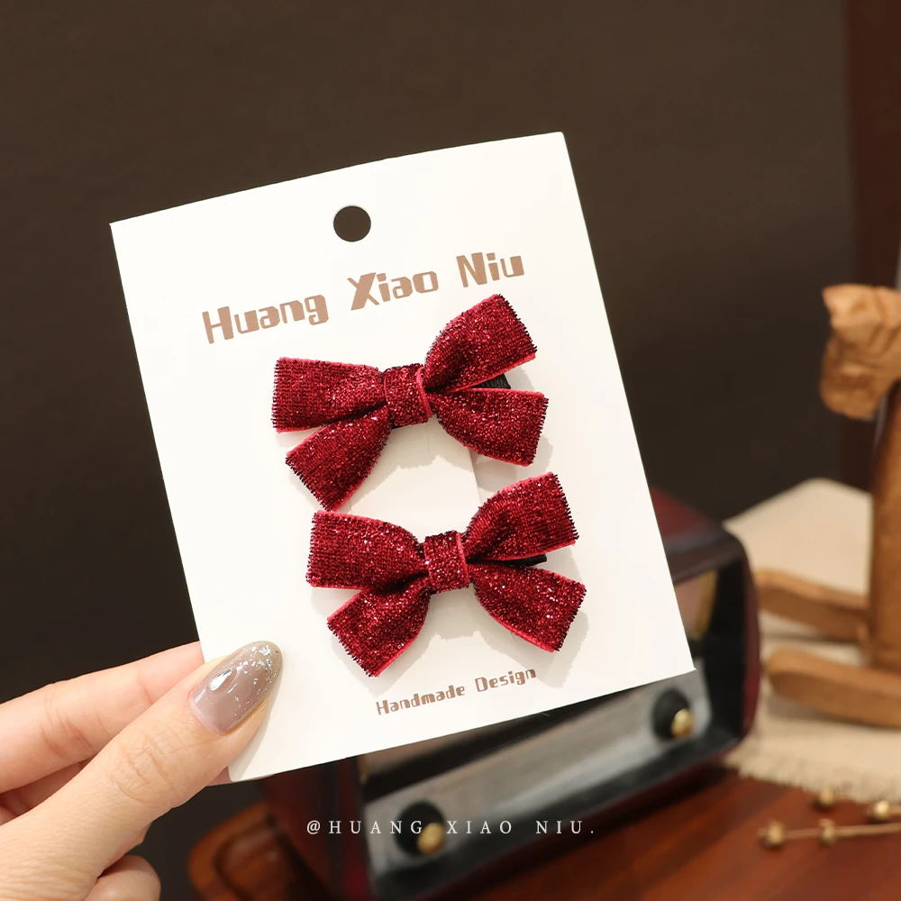 黄小妞韩版可爱女童过年发夹宝宝发卡亮片洋气儿童新年蝴蝶结发饰