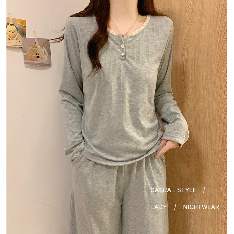 睡衣女春秋季长袖2025新款精梳棉灰色性感带胸垫防凸点家居服套装