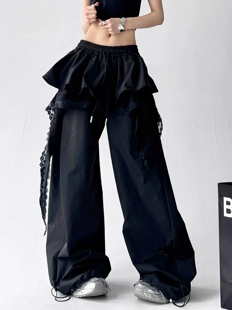 美式设计感蕾丝拼接屁帘休闲裤女2025春夏新款小众宽松辣妹工装裤