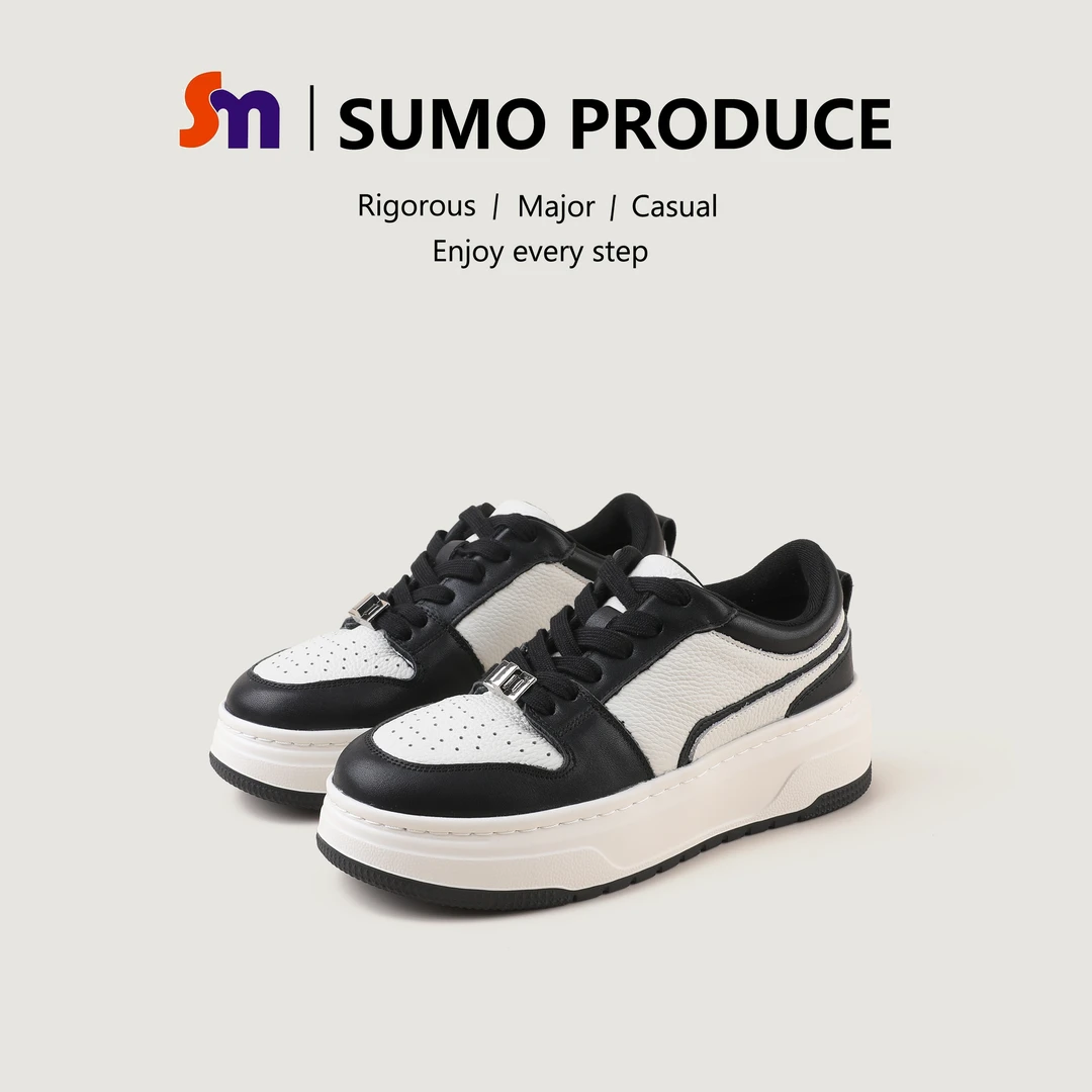 素陌头层牛皮厚底板鞋熊猫鞋真皮增高鞋女百搭拼色休闲鞋87080