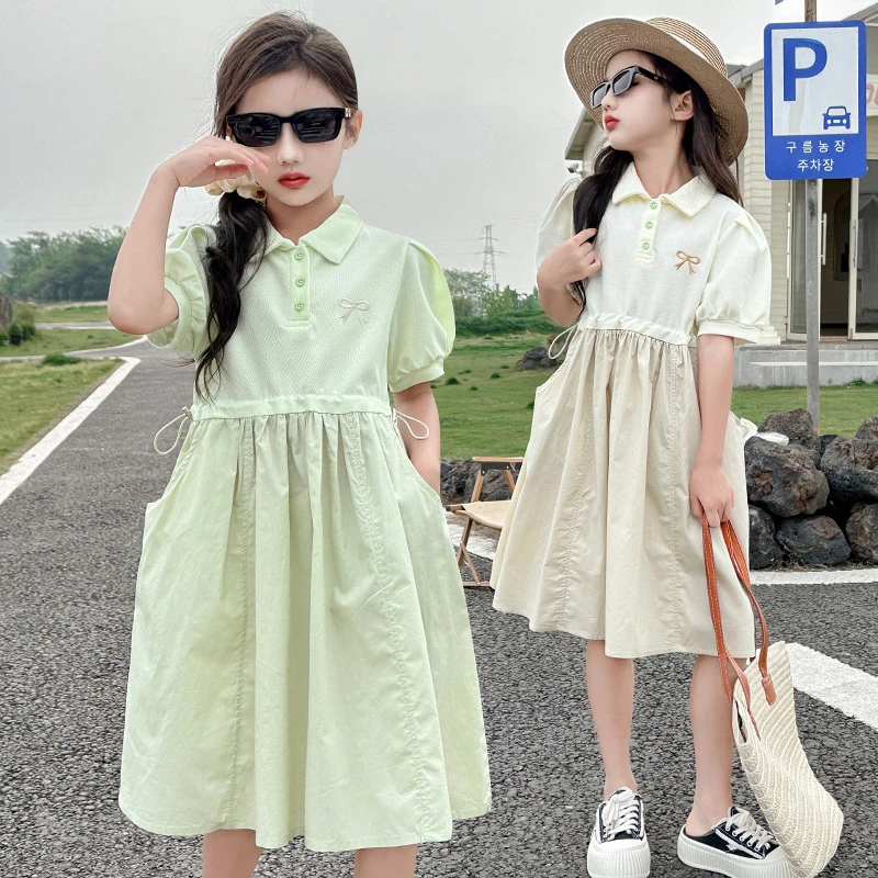 [专柜品质]女童连衣裙新款小女孩学生中长款短袖polo衫收腰连衣裙