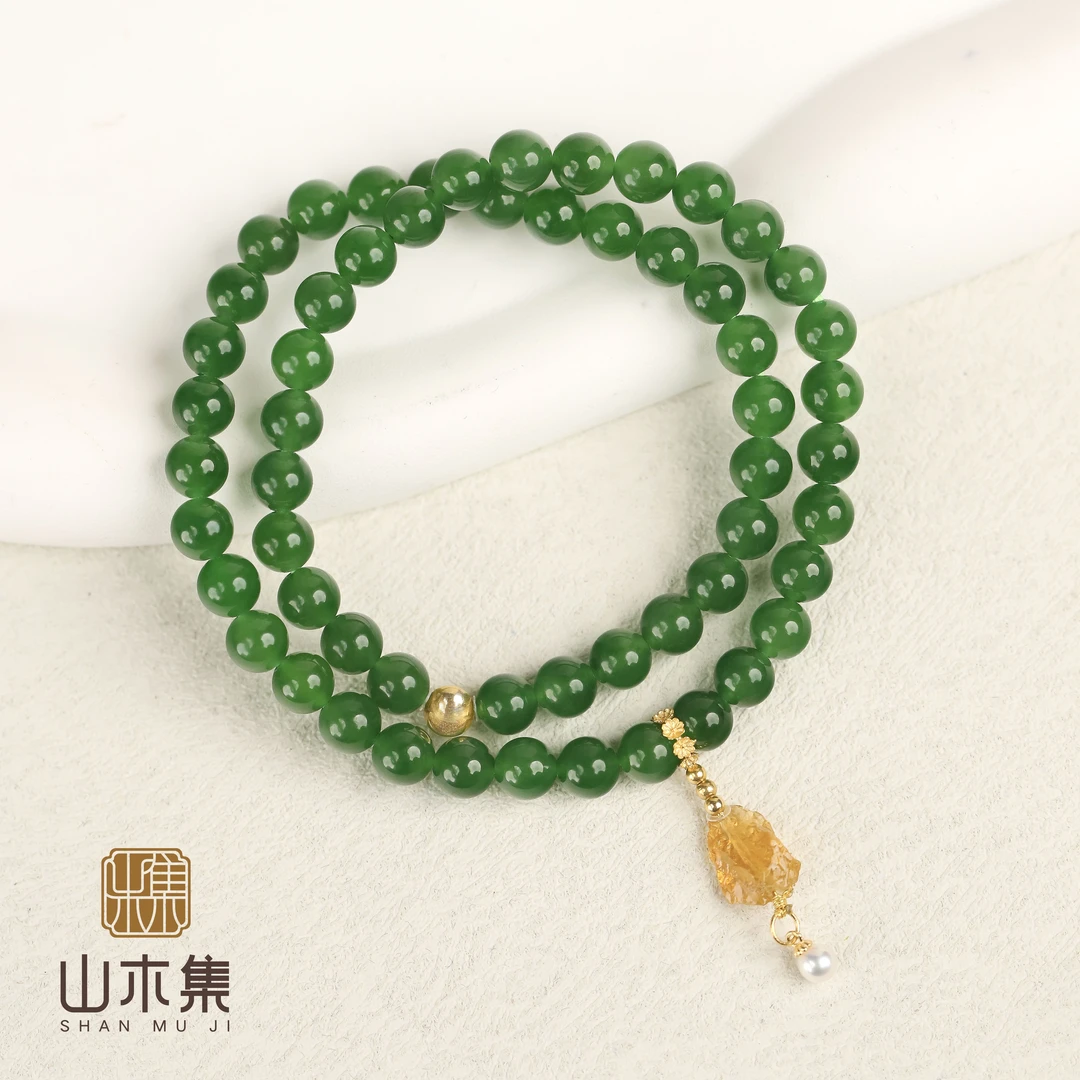 【枕清风】（18K金）菠菜绿碧玉0.6碧玺双圈手串￥￥【山木集】（多样性）