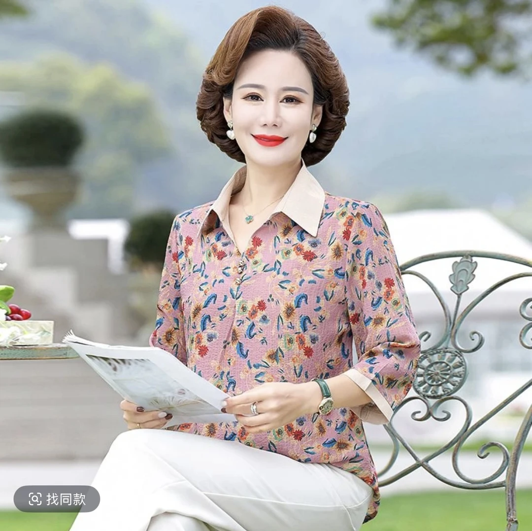 雪纺衫中老年女装薄款小衫女装标准常规夏季七分袖长裙纽扣