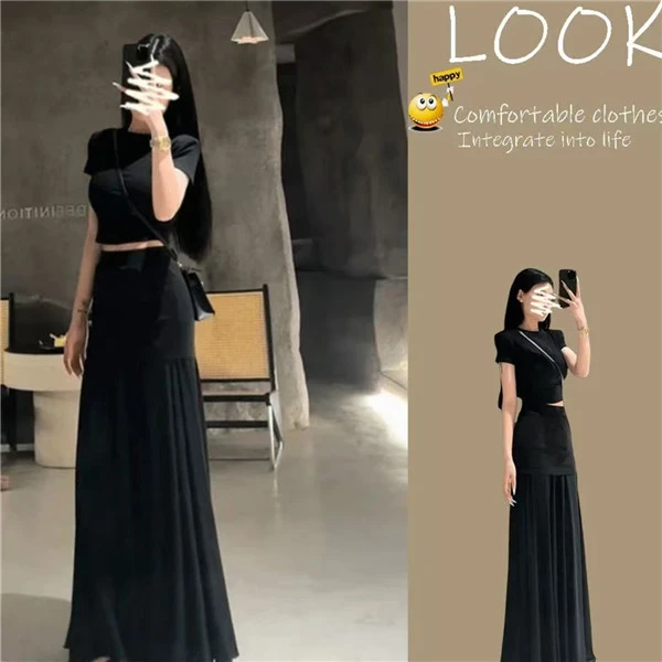 2025夏季新款短款圆领百搭T恤上衣气质高腰包臀褶皱半身裙套装女