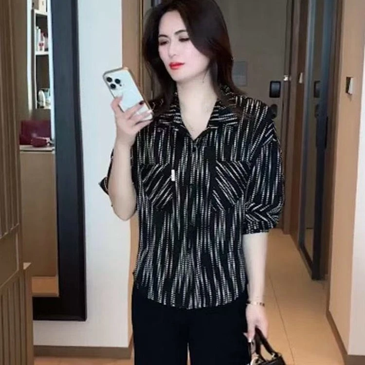 【专柜撤柜】短袖薄款含新款气质显瘦条纹时尚洋气减龄百搭休闲翻