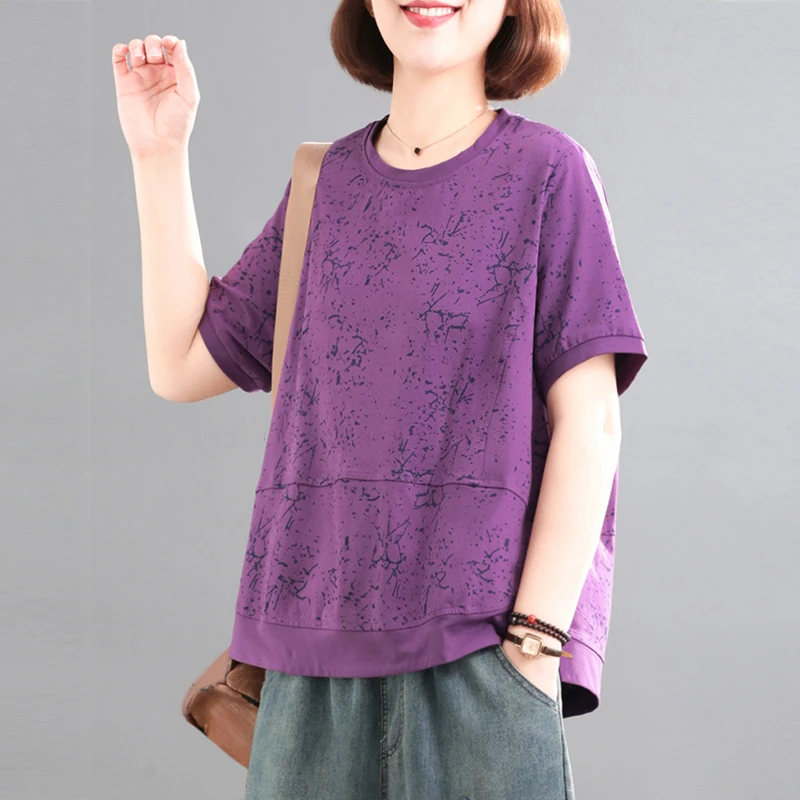 妈妈夏季新款圆领短袖女舒适宽松休闲T恤透气显瘦中老年女装上衣