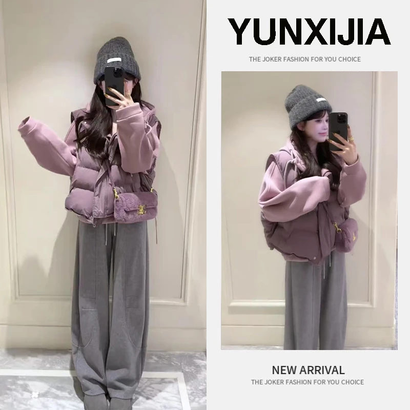 2025年秋冬新款韩系宽松棉衣马甲外套配套头卫衣休闲直筒裤三件套