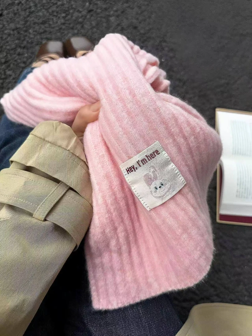 韩系纯色兔兔含羊毛秋冬新款可爱少女百搭围脖围巾好看