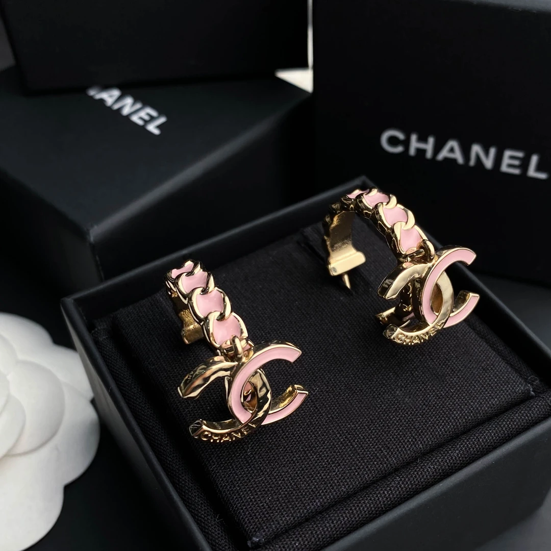 全新未使用 Chanel/香奈儿 24B新款香槟金粉色logo圆环 耳环S4679