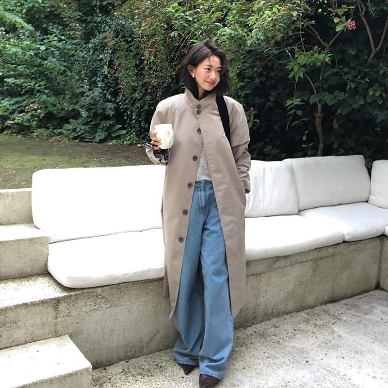 【泡菜】-春季新款复古休闲极简高级感立领长款风衣外套