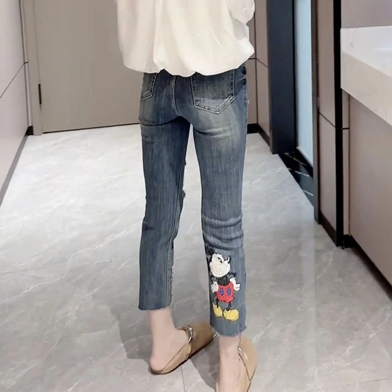 夏季薄款大码高腰显瘦弹力破洞直筒牛仔裤女小个子八分刺绣烟管裤