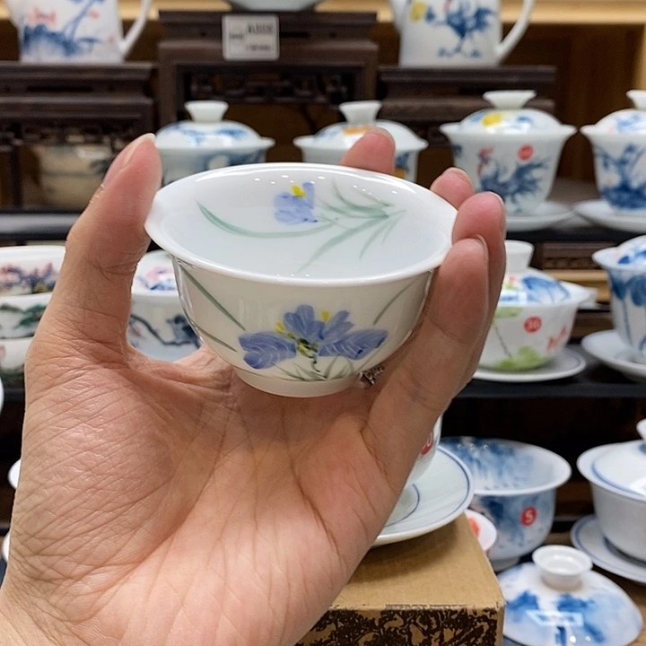 手绘蝴蝶兰85cc压手杯釉下彩微瑕福利款