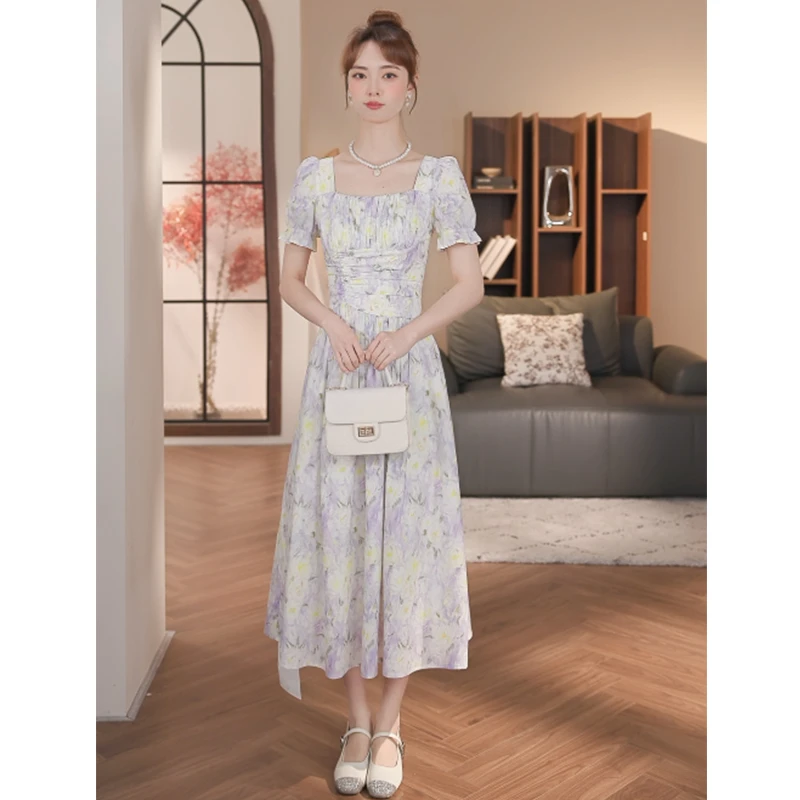 乔琪拉-【紫色梦境】夏季法式文艺气质泡泡袖碎花显瘦连衣裙裙子