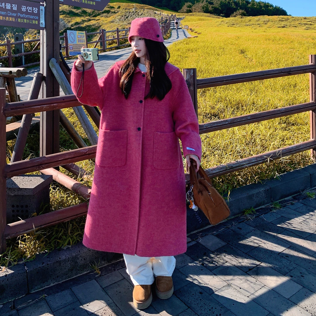 玫红色韩系超好看双面羊毛大衣女2025秋季新款宽松减龄中长款外套