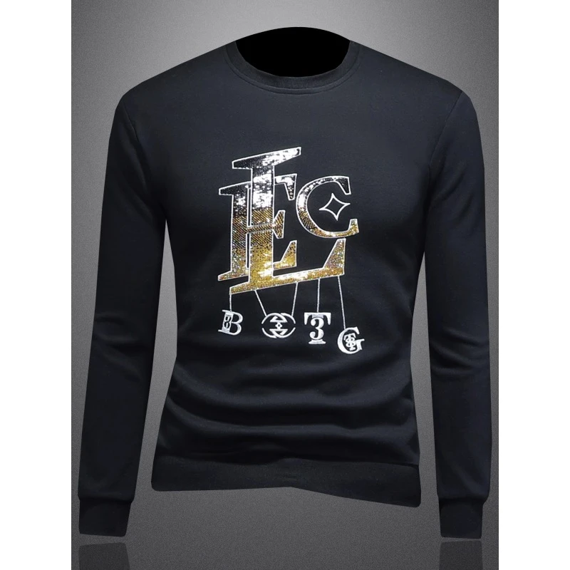 高端刺绣圆领t恤男士欧洲站2025秋冬季新款潮牌百搭套头长袖上衣