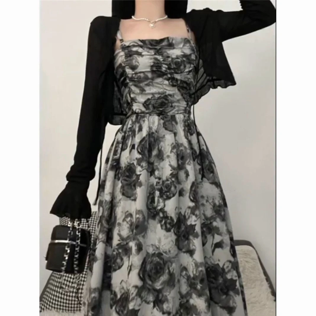 复古水墨风连衣裙套装女夏季绑带开衫纯欲收腰玫瑰碎花吊带裙