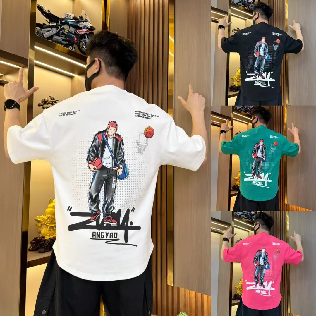 （清）夏季弧形短袖男士短袖t恤2025年新款卡通图案青年宽松百搭